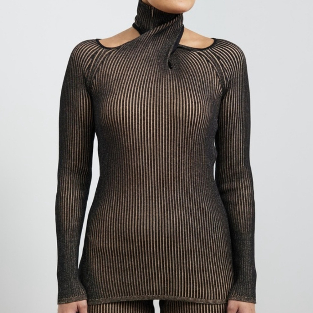 NWT $1099 BALLY Silk Blend Twist Neckline Knit Top Size 4 in Black and Peachy